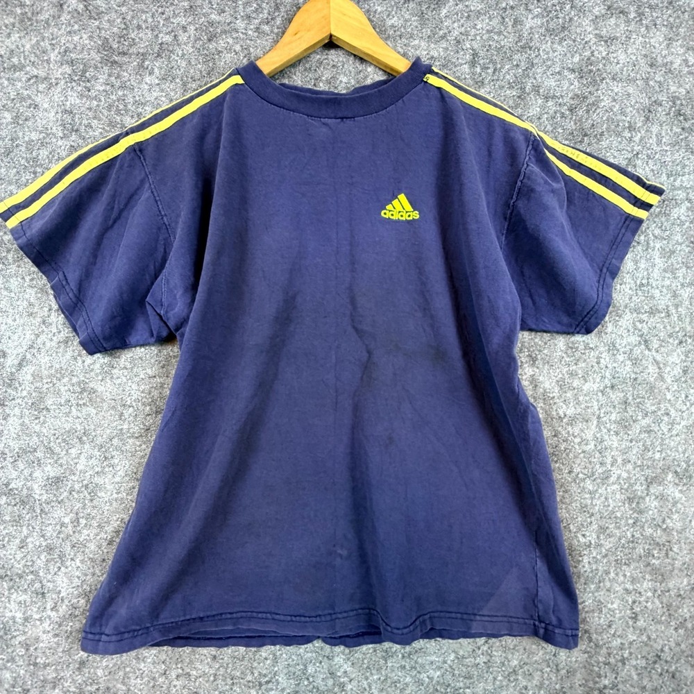 Vintage Adidas T-Shirt Mens Large Navy Blue Yellow 3 Stripes Short Sleeve Sporty